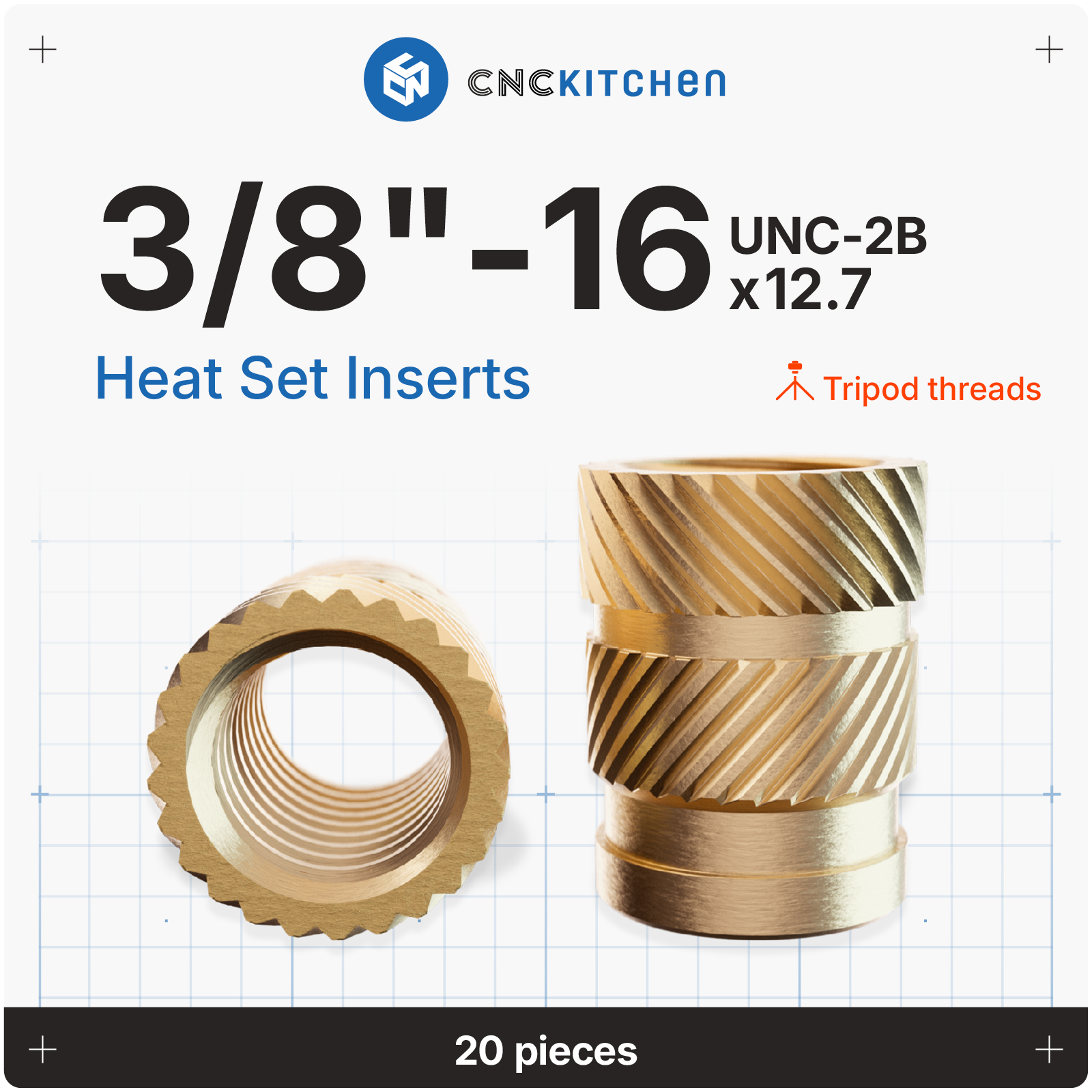 Heat Set Insert 3/8"-16 x 12.7 (Tripod Thread) - 20 pieces
