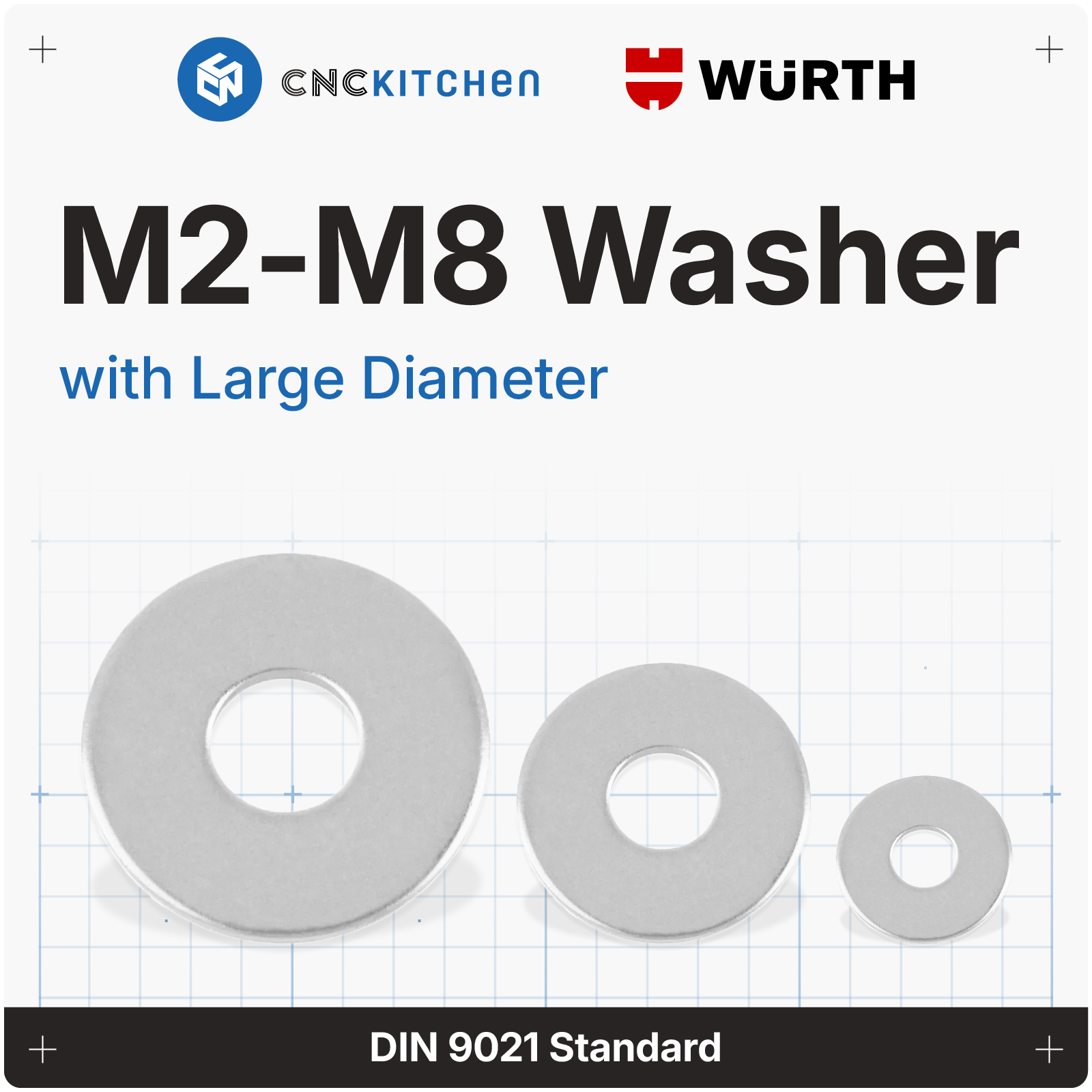 Washers with large diameter, M2-M8