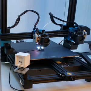 CXC XY calibration tool positioned on the print bed of a Sovol IDEX dual-carriage 3D printer